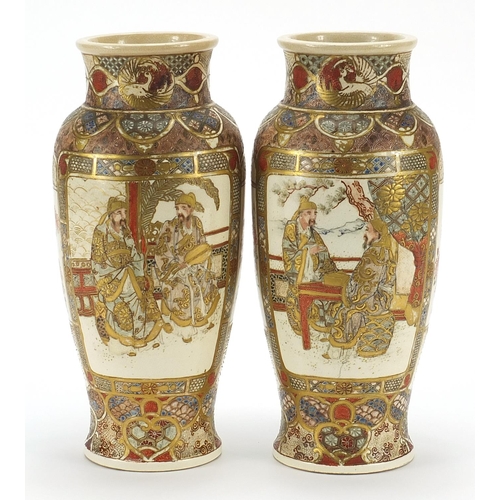 291 - Pair of Japanese Satsuma pottery vases hand painted with figures and flowers, impressed marks to the... 