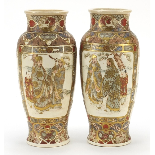 291 - Pair of Japanese Satsuma pottery vases hand painted with figures and flowers, impressed marks to the... 