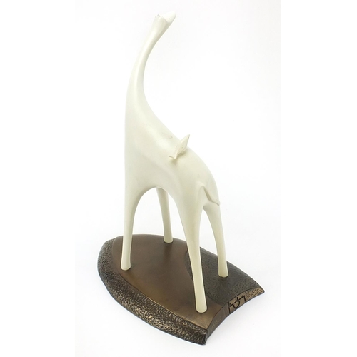51 - Modernist sculpture of a stylised giraffe and bird raised on a shaped bronzed base, limited edition ... 
