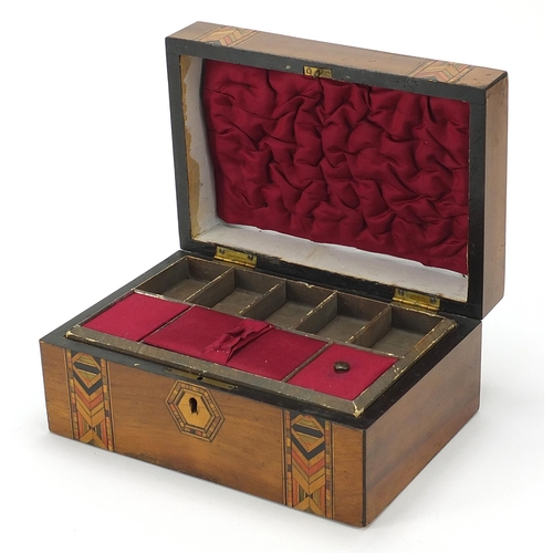 1551 - Victorian inlaid walnut sewing box with fitted lift out interior, 10cm H x 22.5cm W x 15cm D