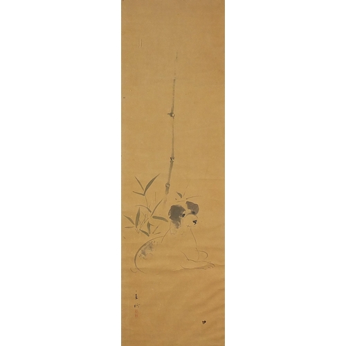 405 - Dog before bamboo groves, Chinese watercolour with character marks and red seal marks, mounted, fram... 