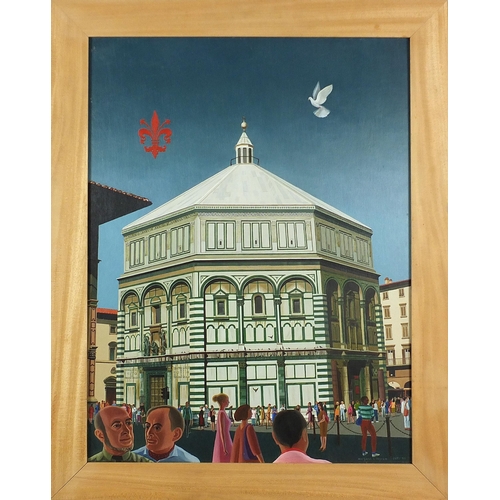 401 - Margaret Ingram - Figures before The Baptistery, Florence, Italy, oil on board, details verso, frame... 