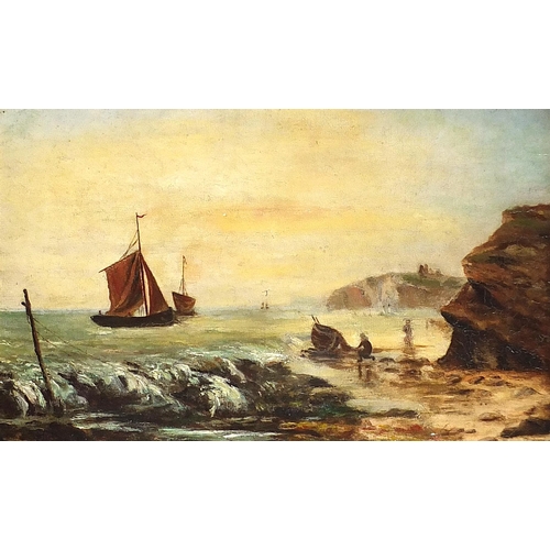 61 - Coastal scene with boats, 19th century oil on canvas, mounted and framed, 39.5cm x 24.5cm excluding ... 