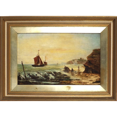 61 - Coastal scene with boats, 19th century oil on canvas, mounted and framed, 39.5cm x 24.5cm excluding ... 