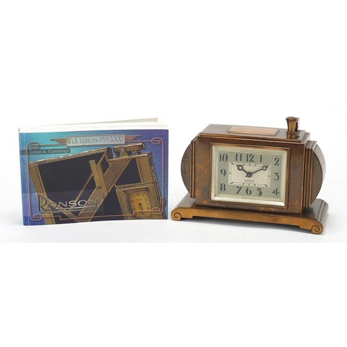 10 - Ronson, Large Art Deco Touch Tip table lighter with clock and reference book, 17.5cm wide