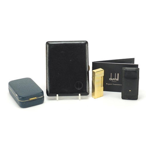 299 - Dunhill gold plated pocket lighter with box and a Dunhill cigarette case, the largest 12cm high