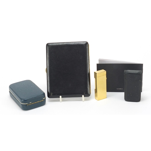 299 - Dunhill gold plated pocket lighter with box and a Dunhill cigarette case, the largest 12cm high