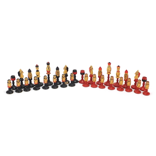 315 - Vintage Russian USSR hand painted wooden chess set, the largest pieces 10.5cm high