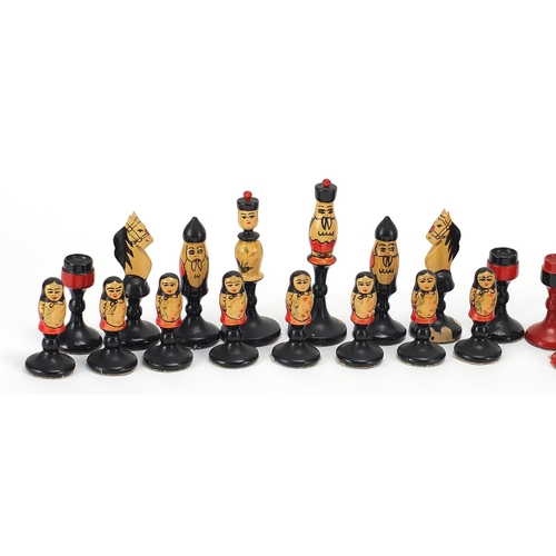 315 - Vintage Russian USSR hand painted wooden chess set, the largest pieces 10.5cm high