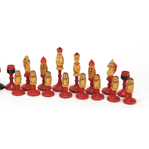 315 - Vintage Russian USSR hand painted wooden chess set, the largest pieces 10.5cm high