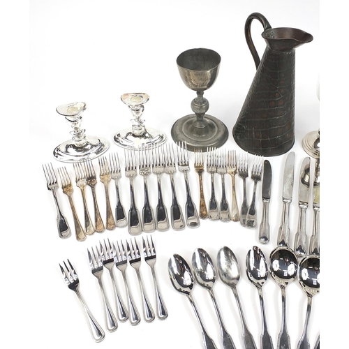 1799 - Metalware including silver plated cutlery, copper flagon, brass desk lamp and a decorative flintlock... 