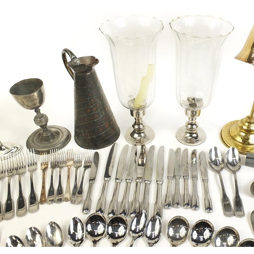 1799 - Metalware including silver plated cutlery, copper flagon, brass desk lamp and a decorative flintlock... 