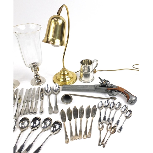 1799 - Metalware including silver plated cutlery, copper flagon, brass desk lamp and a decorative flintlock... 