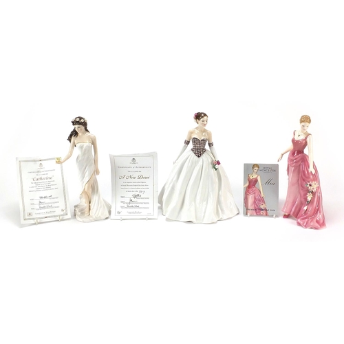 386 - Three Royal Worcester figurines with certificates comprising Catherine, Mia and A New Dawn