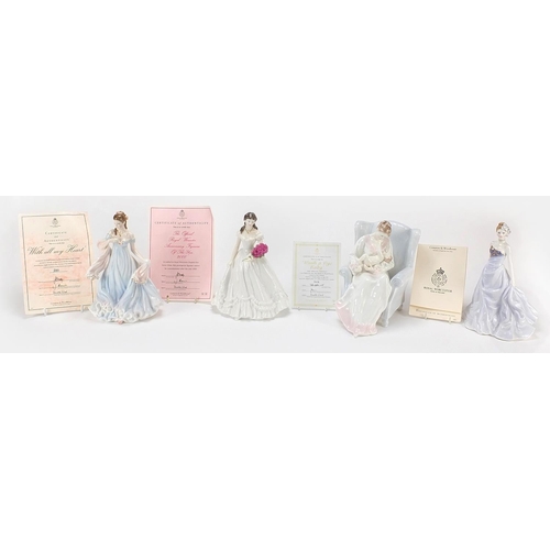 389 - Four Royal Worcester figurines with certificates comprising Hush-a-Bye Baby, With All My Heart, Figu... 