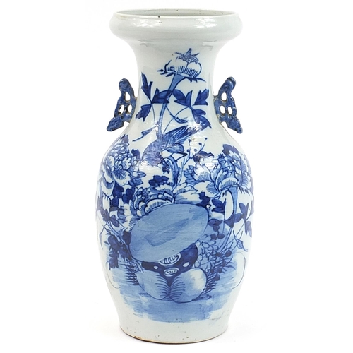 377 - Chinese blue and white porcelain vase with twin handles hand painted with a bird amongst flowers, 42... 