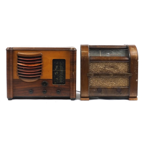 1404 - Two large vintage walnut radios, the largest 54cm wide