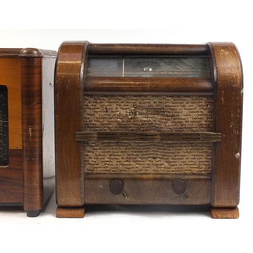 1404 - Two large vintage walnut radios, the largest 54cm wide