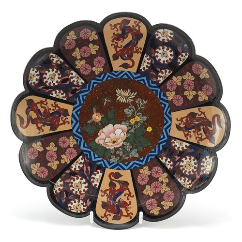 292 - Japanese cloisonne plate enamelled with dragons and flowers, 30.5cm in diameter