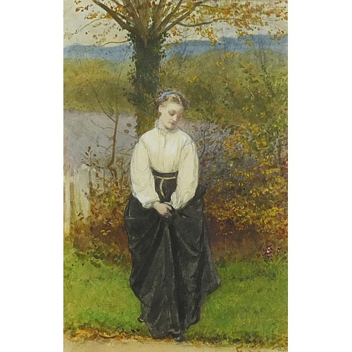 303 - Portrait of a female before a landscape, Pre-Raphaelite school watercolour, mounted, framed and glaz... 