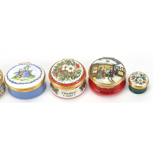 372 - Seven enamel trinket boxes including six Halcyon Days examples, each with boxes