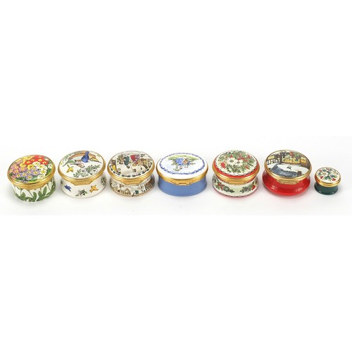 372 - Seven enamel trinket boxes including six Halcyon Days examples, each with boxes