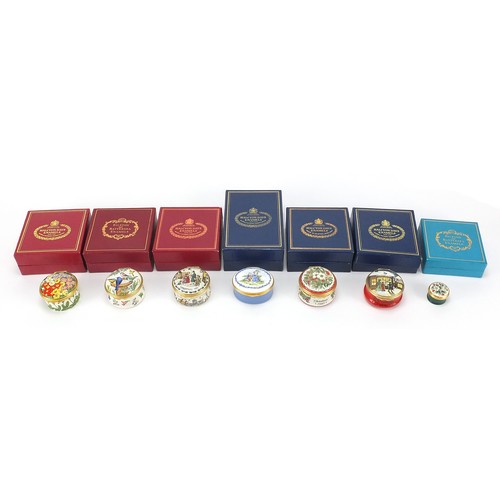 372 - Seven enamel trinket boxes including six Halcyon Days examples, each with boxes