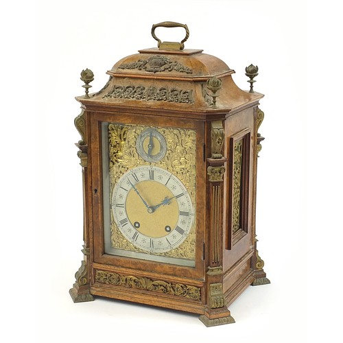 25 - Burr walnut Lenzkirch bracket clock striking on a gong with silvered chapter ring having Roman numer... 