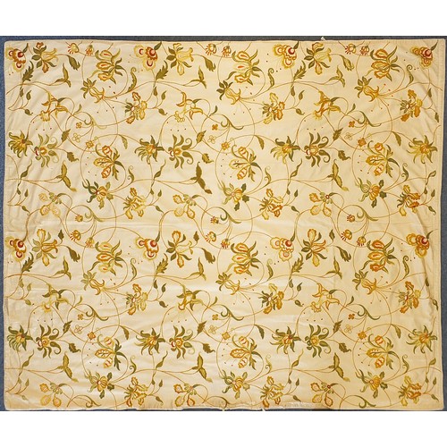 301 - Arts & Crafts floral embroidered bedspread, 220cm x 177cm