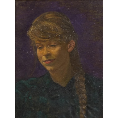 1044 - Head and shoulders portrait of a female, Camden school oil on board, mounted and framed, 45cm x 34cm... 