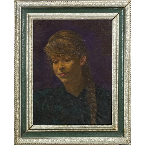 1044 - Head and shoulders portrait of a female, Camden school oil on board, mounted and framed, 45cm x 34cm... 