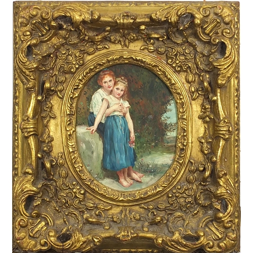 1017 - Gustave Holte - Full length portrait of two young girls, Pre-Raphaelite style oval oil on wood panel... 