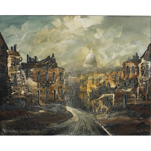 1033 - Edward Elliott - London street scene with bomb damage and St Paul's Cathedral, British oil on board,... 