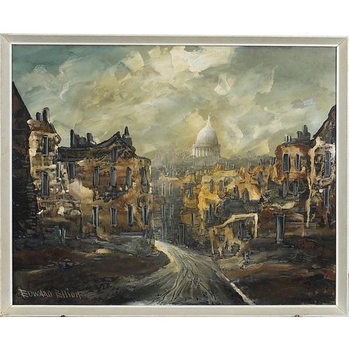 1033 - Edward Elliott - London street scene with bomb damage and St Paul's Cathedral, British oil on board,... 