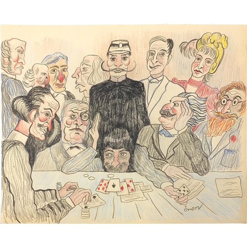 1058 - Figures playing cards, pastel on paper, indistinctly signed, possibly Enson, unframed, 33cm x 27cm