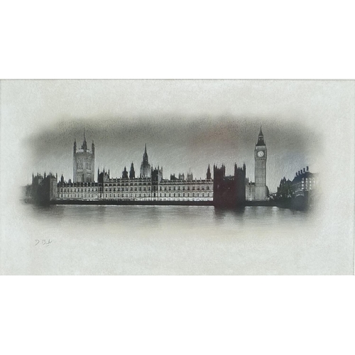 1034 - Darren Baker - Reflections of London, charcoal, mounted, framed and glazed, 24cm x 13cm excluding th... 