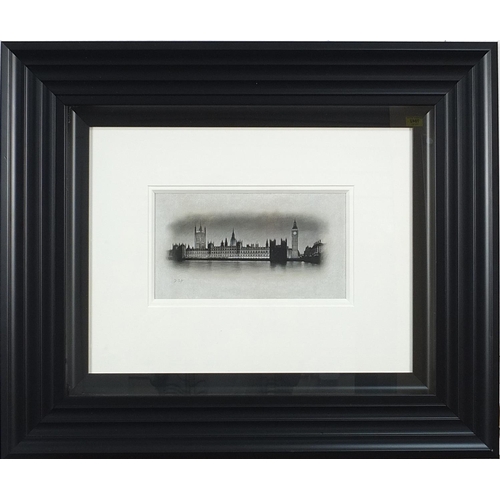 1034 - Darren Baker - Reflections of London, charcoal, mounted, framed and glazed, 24cm x 13cm excluding th... 