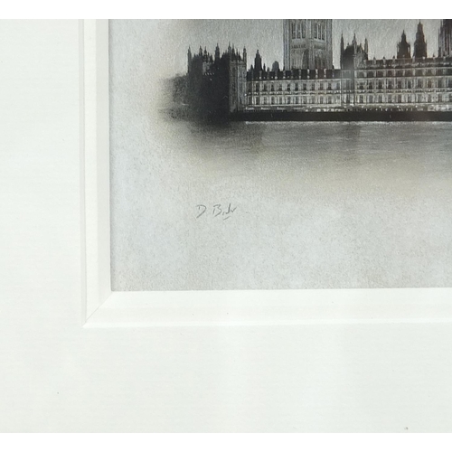 1034 - Darren Baker - Reflections of London, charcoal, mounted, framed and glazed, 24cm x 13cm excluding th... 