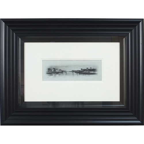 1035 - Darren Baker - Thames Panorama, charcoal, mounted, framed and glazed, 26cm x 9cm excluding the mount... 