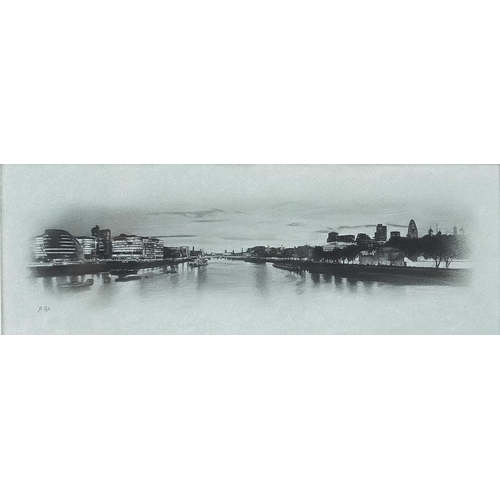 1035 - Darren Baker - Thames Panorama, charcoal, mounted, framed and glazed, 26cm x 9cm excluding the mount... 