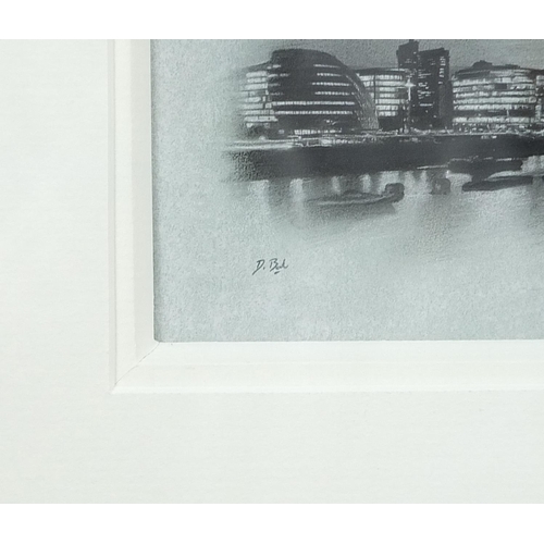 1035 - Darren Baker - Thames Panorama, charcoal, mounted, framed and glazed, 26cm x 9cm excluding the mount... 