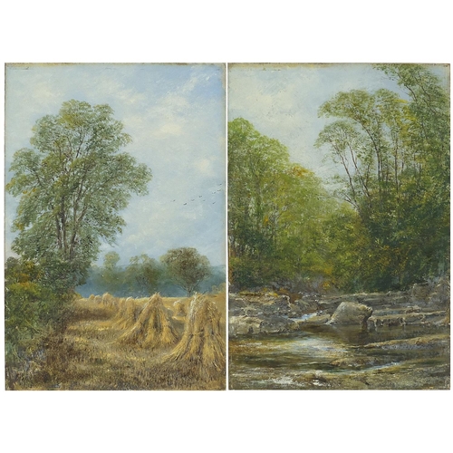 1085 - Hayricks and river landscape, pair of oil on boards, each with stamp verso, each unframed, each 28cm... 
