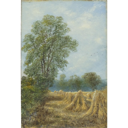 1085 - Hayricks and river landscape, pair of oil on boards, each with stamp verso, each unframed, each 28cm... 