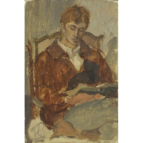 1004 - Seated gentleman with a book, modern British oil on wood panel, unframed, 25.5cm x 16.5cm