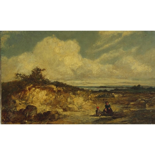 1002 - Coastal scene with mother and child, early 19th English century oil on canvas, unframed, 25.5cm x 16... 
