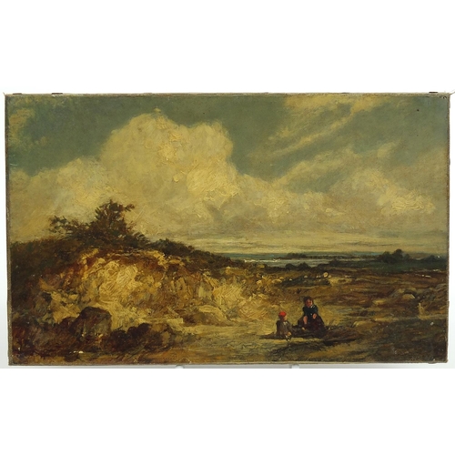 1002 - Coastal scene with mother and child, early 19th English century oil on canvas, unframed, 25.5cm x 16... 