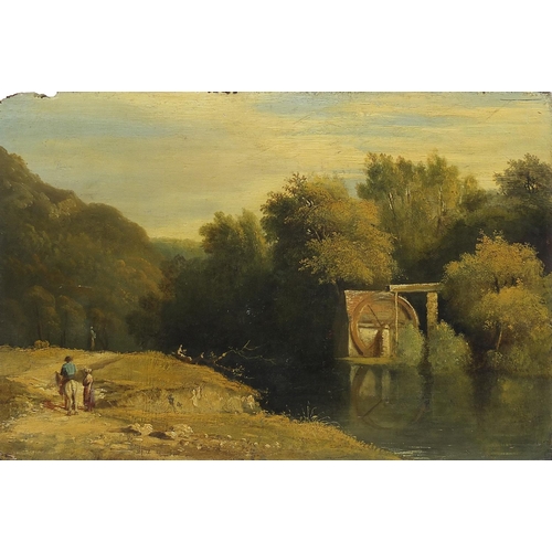 977 - River landscape with figures beside a watermill, 18th/19th century oil on wood panel, unframed, 43.5... 