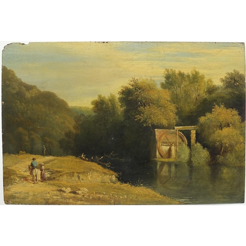 977 - River landscape with figures beside a watermill, 18th/19th century oil on wood panel, unframed, 43.5... 