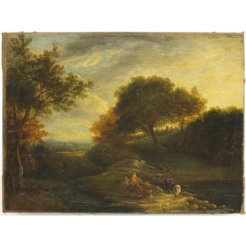 1001 - Pastoral landscape with figures and cattle, 18th/19th century English school oil on canvas, unframed... 