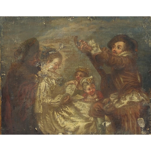 1003 - Figures with minstrels playing lutes, antique oil on canvas, unframed, 25cm x 20cm